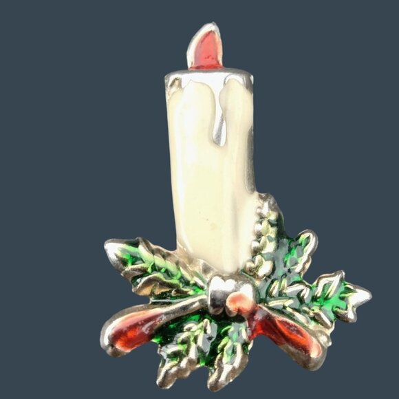 Christmas Candle Pin Brooch Vintage Holiday Jewelry Pine Bow Ribbon Metal Enamel - Picture 1 of 4
